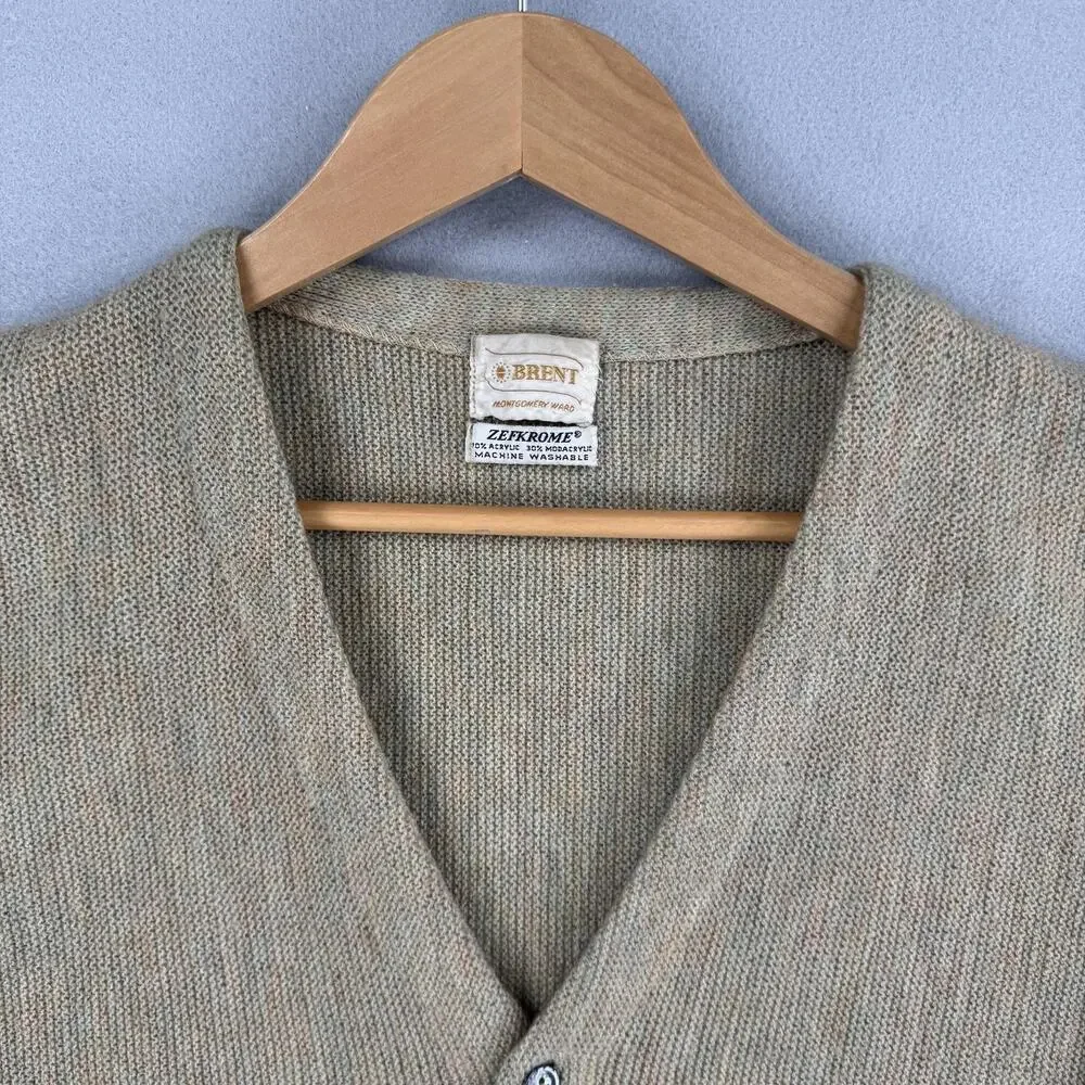 Vintage Brent Sweater Mens Large Beige Acrylic V Neck Knit Cardigan Zefkrome 60s